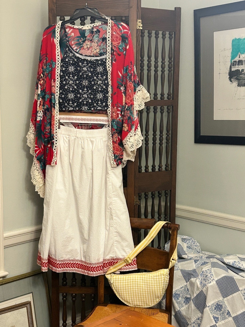 J Crew White Cotton Maxi Skirt Size L Scarlet Red Embroidery Sash Belt Lined - Picture 12 of 16